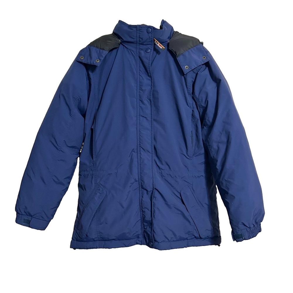 LL Bean Womens M Goose Down Parka Jacket Heavy Detachable Hood Blue OHJ18